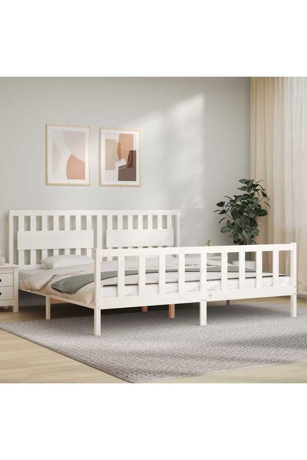 Bed frame with headboard 200x200 cm, white, solid wood