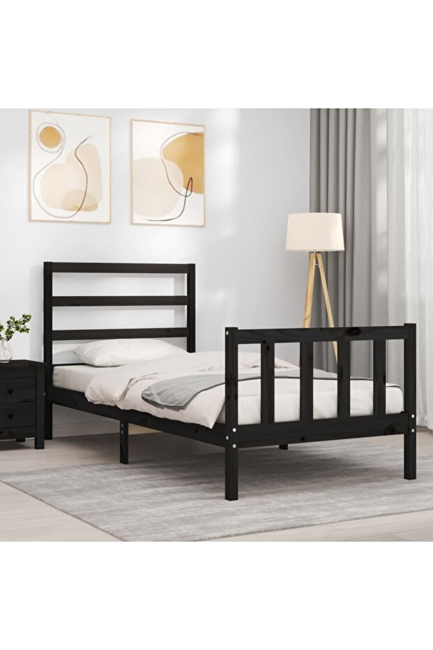 2FT6 Small Single Bed Frame with Headboard, Black, Solid Wood - 4