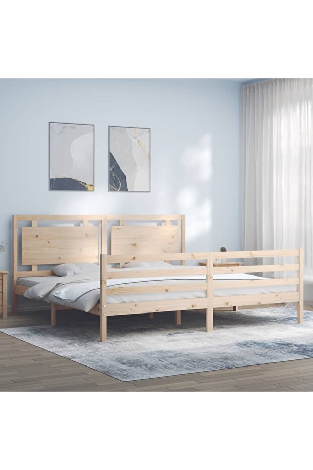 Bed frame with headboard 200x200 cm, solid pine wood - 1