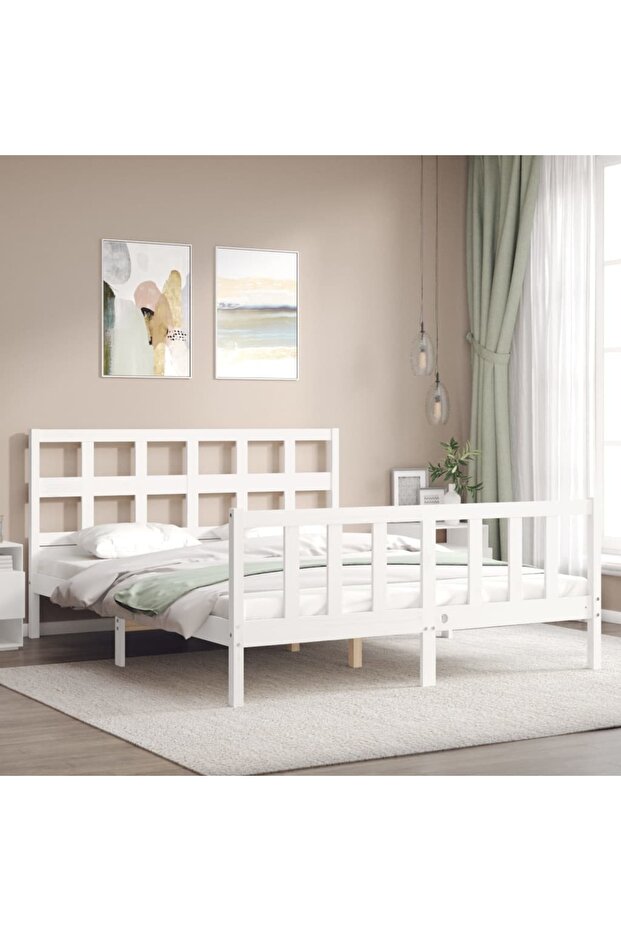 Bed frame with headboard, white, 160x200 cm, solid wood - 3