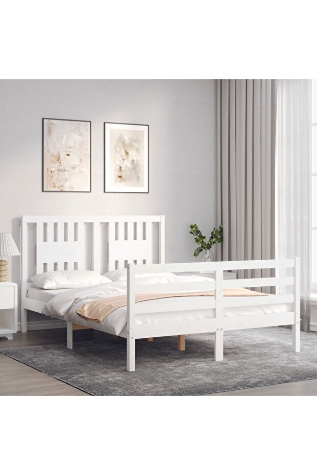 Bed frame with headboard, 140x190 cm, white, solid wood - 3