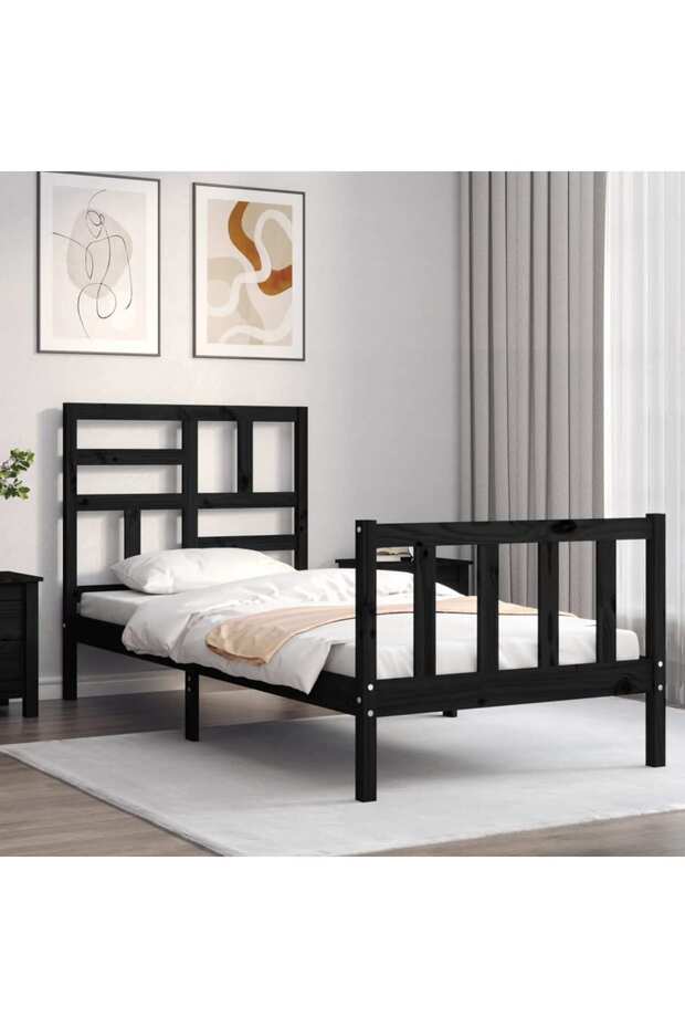 2FT6 Small Single Bed Frame with Headboard, Black, Solid Wood - 3