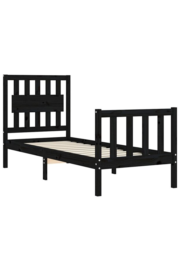 2FT6 Small Single Bed Frame with Headboard, Black, Solid Wood - 5