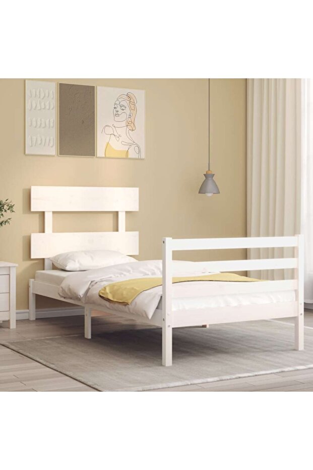 Bed frame with headboard 3FT, single, white, solid wood - 1