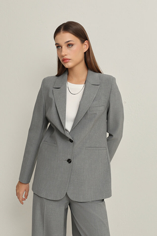 Gri Cep Ve Düğme Detaylı Basic Ceket - 2