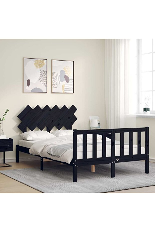 Bed frame with headboard, black, solid wood, double 4FT6 - 3