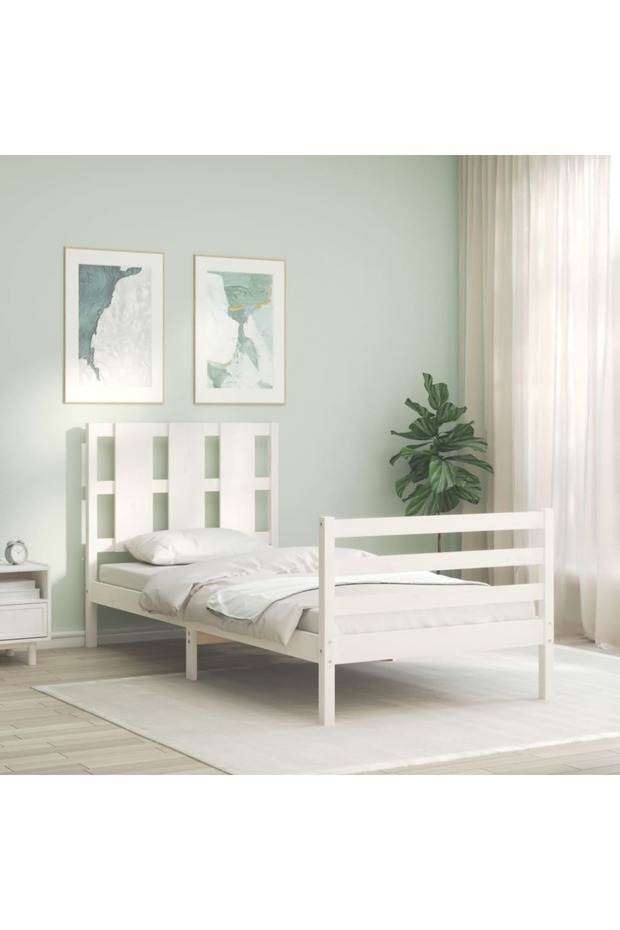 Bed frame with headboard 3FT, single, white, solid wood - 1