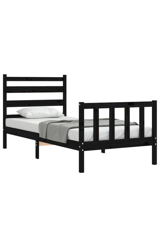 2FT6 Small Single Bed Frame with Headboard, Black, Solid Wood - 3