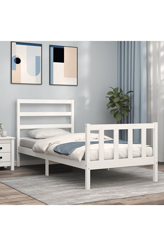 Bed frame with headboard, white, 90x200 cm, solid wood