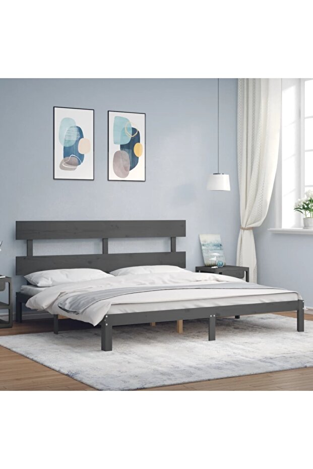 Bed frame with headboard 200x200 cm, gray, solid wood - 1