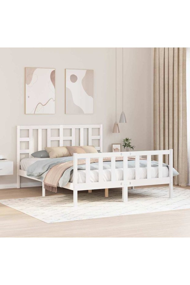 Bed frame with headboard, white, solid wood, king size 5FT