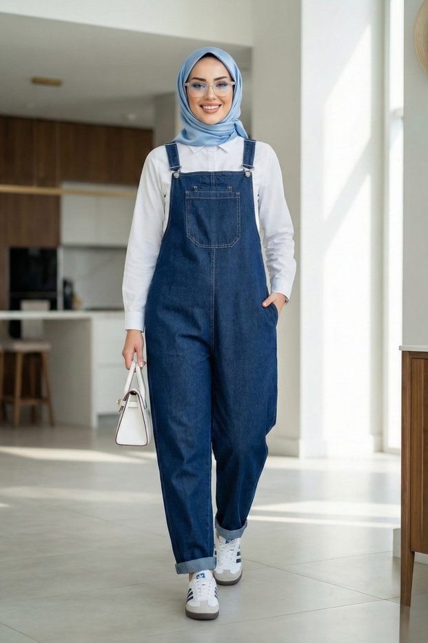 Women's Dark Denim Blue Jumpsuit with Adjustable Straps and Pocket Detail