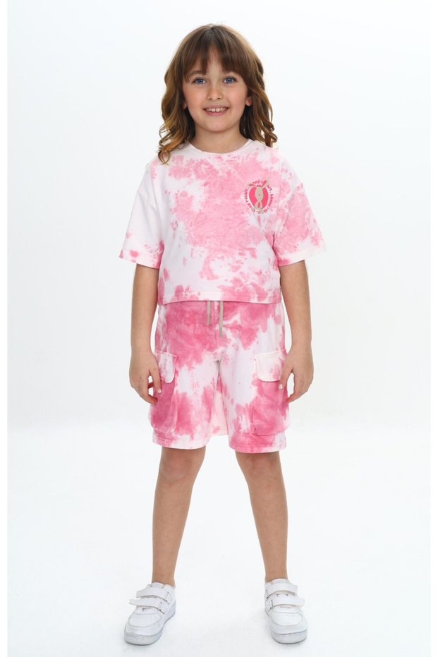 Girl's 2-Piece Set: Tie-Dye Printed Crew Neck T-Shirt & Elastic Waist Pocket Shorts