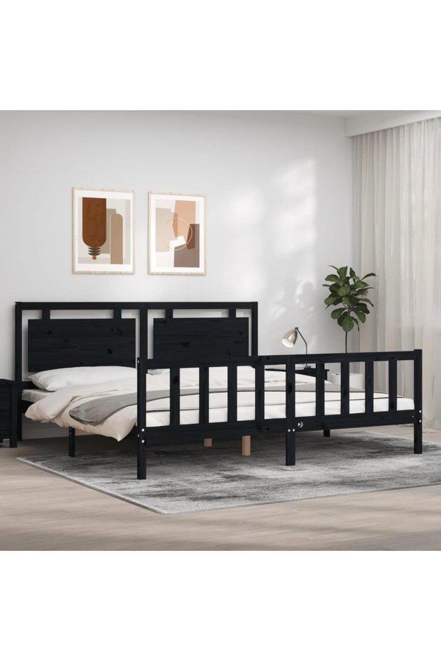 Bed frame with headboard 200x200 cm, black, solid wood