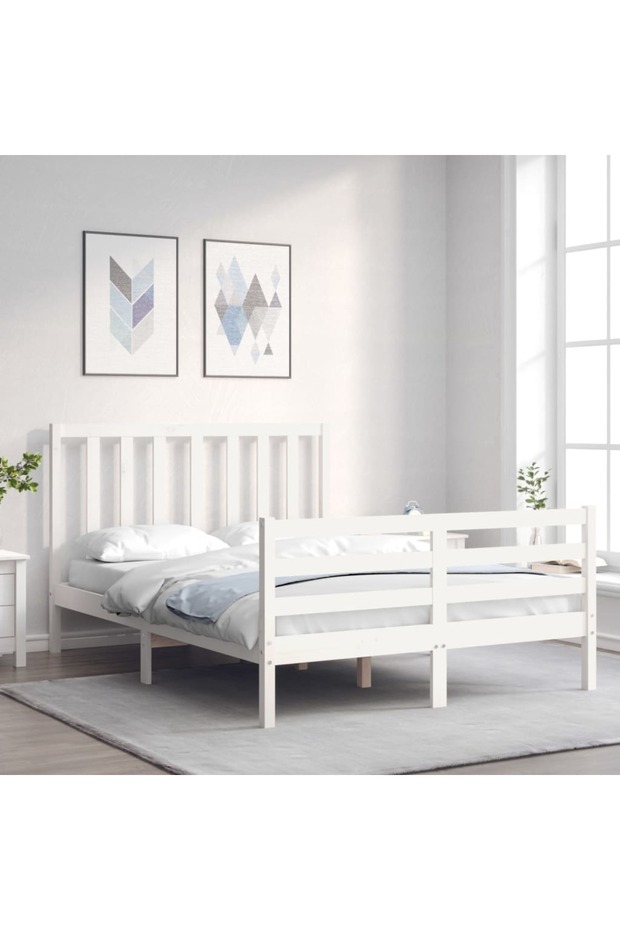 Bed frame with headboard, white, 140x200 cm, solid wood