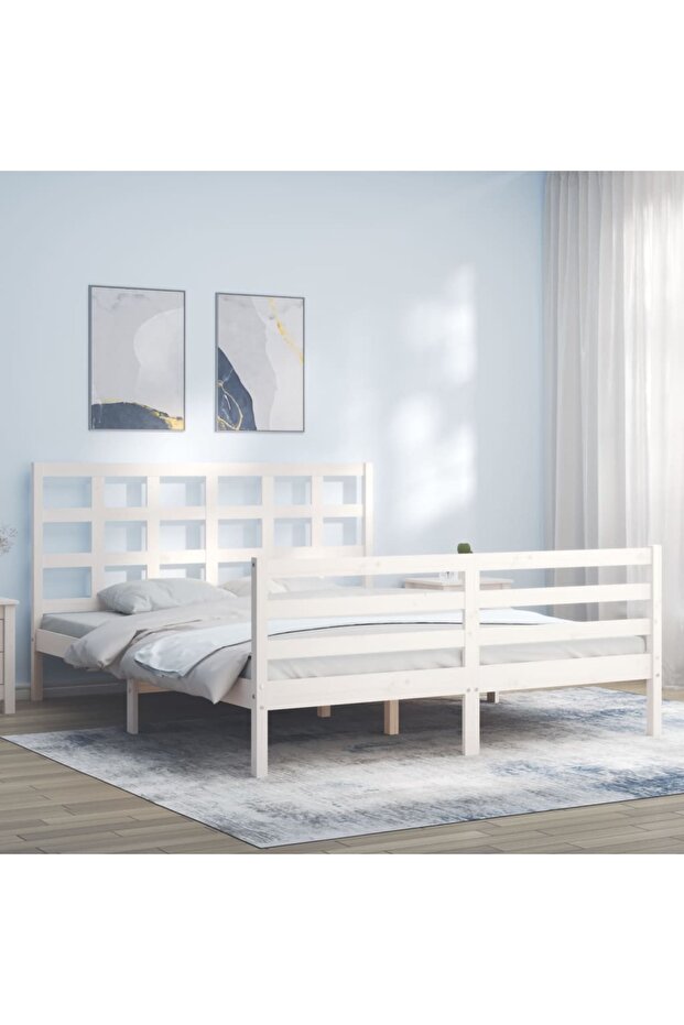 Bed frame with headboard, white, solid wood, king size 5FT - 1