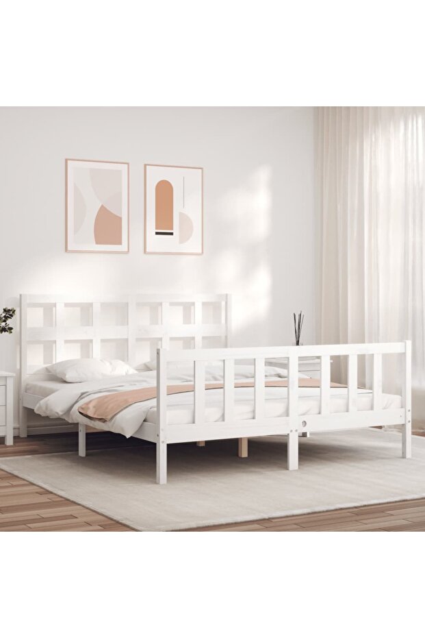 Bed frame with headboard, white, 160x200 cm, solid wood - 1