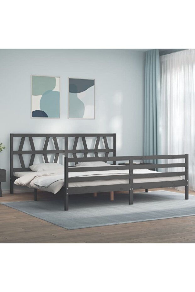 Bed frame with headboard 200x200 cm, gray, solid wood