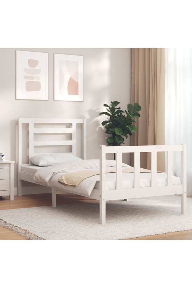 Bed frame with headboard, white, 90x200 cm, solid wood