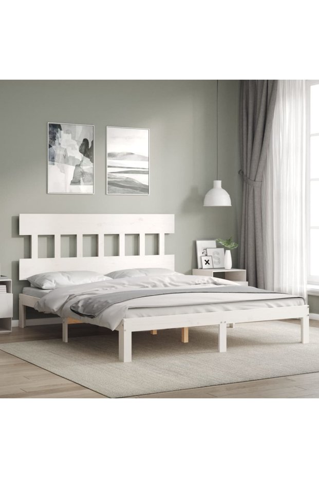 Bed frame with headboard, white, 160x200 cm, solid wood