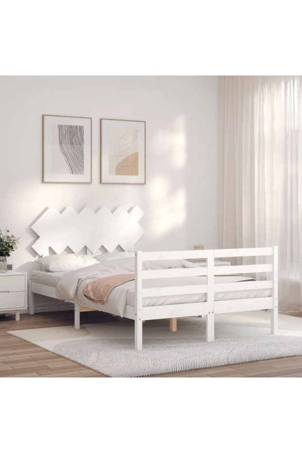 Bed frame with headboard, white, solid wood, double 4FT6