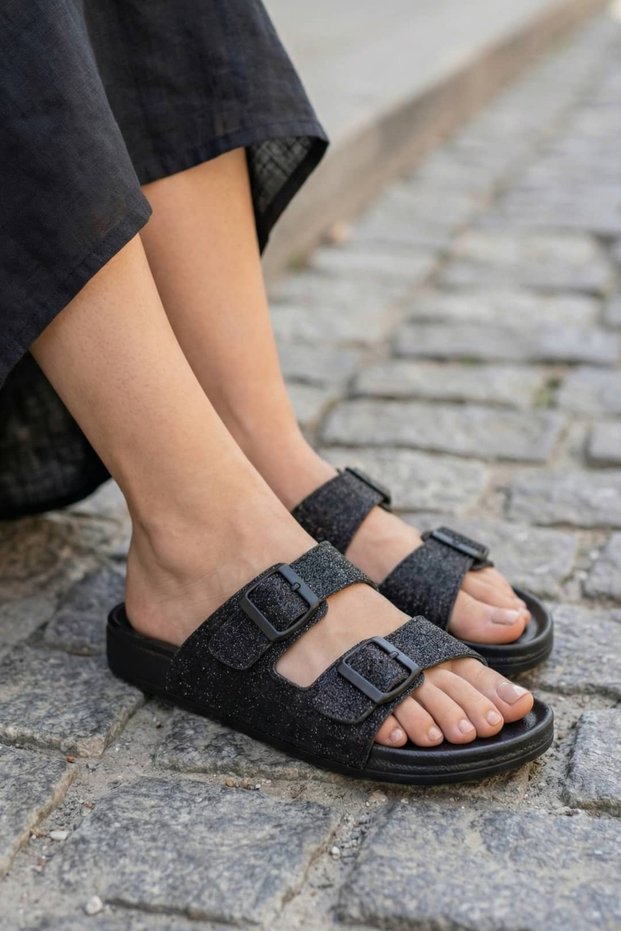 Black Women's Glittery Shimmer Buckled Beach Summer Dowry Daily Slipper 7324Nav