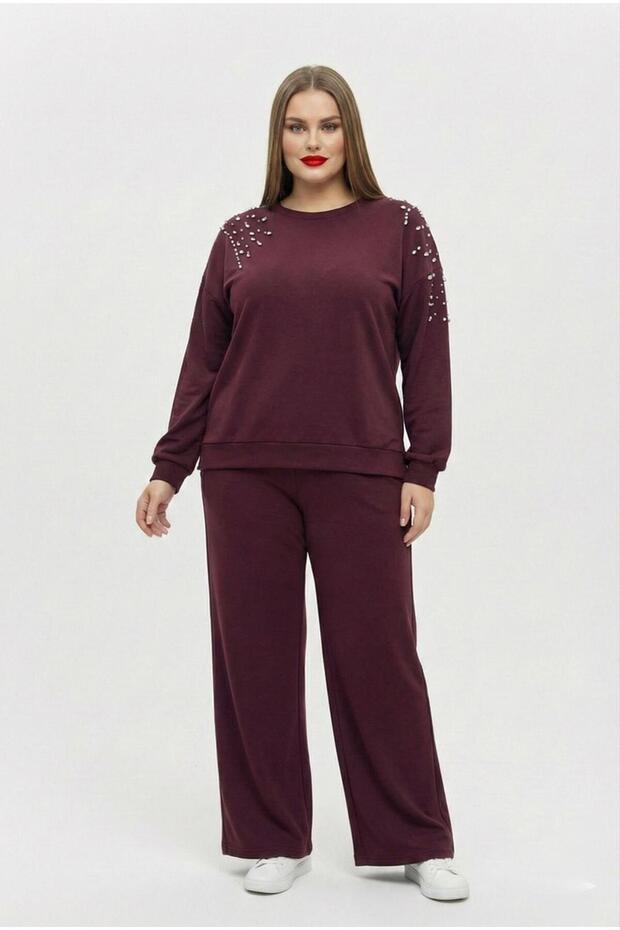 Women's Plus Size Long Sleeve Stone Embroidered Modal Tracksuit Set 8250-26