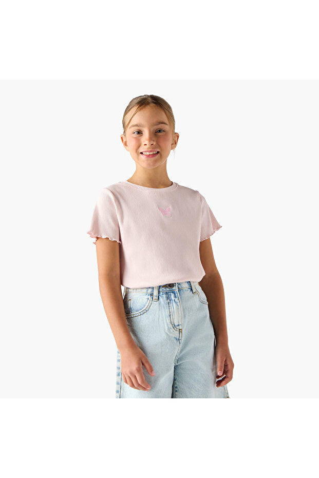 Ribbed T-shirt with Crew Neck and Lettuce Hem