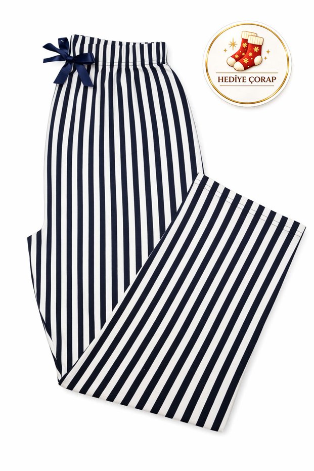 Xl–5Xl Large Size Women's Navy Blue White Vertical Striped Comfortable Fit Pajama Bottoms Flexible Waist–Gift Socks
