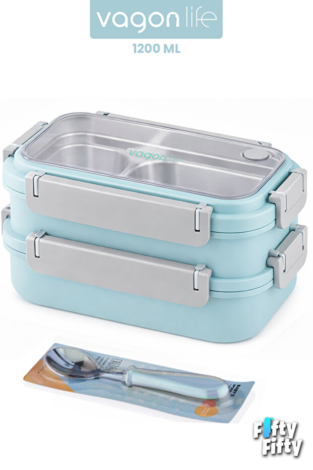 1200 ml Two Layers Three Compartments Stainless Steel Bento Lunch Box New Generation Lunch Box with Steel Spoon -22Ff15