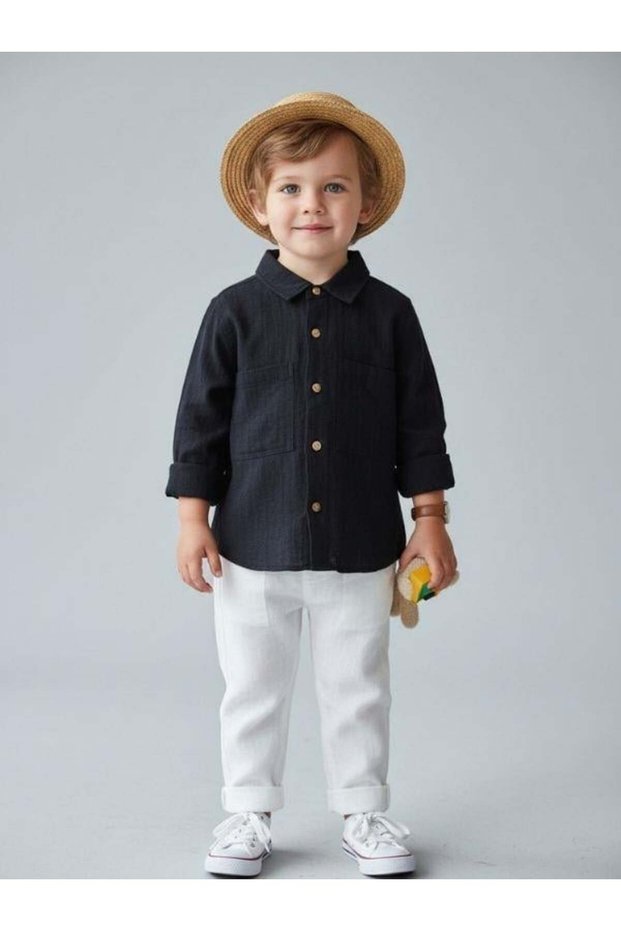 Boy's Buttoned Long Sleeve Linen Shirt with Pockets