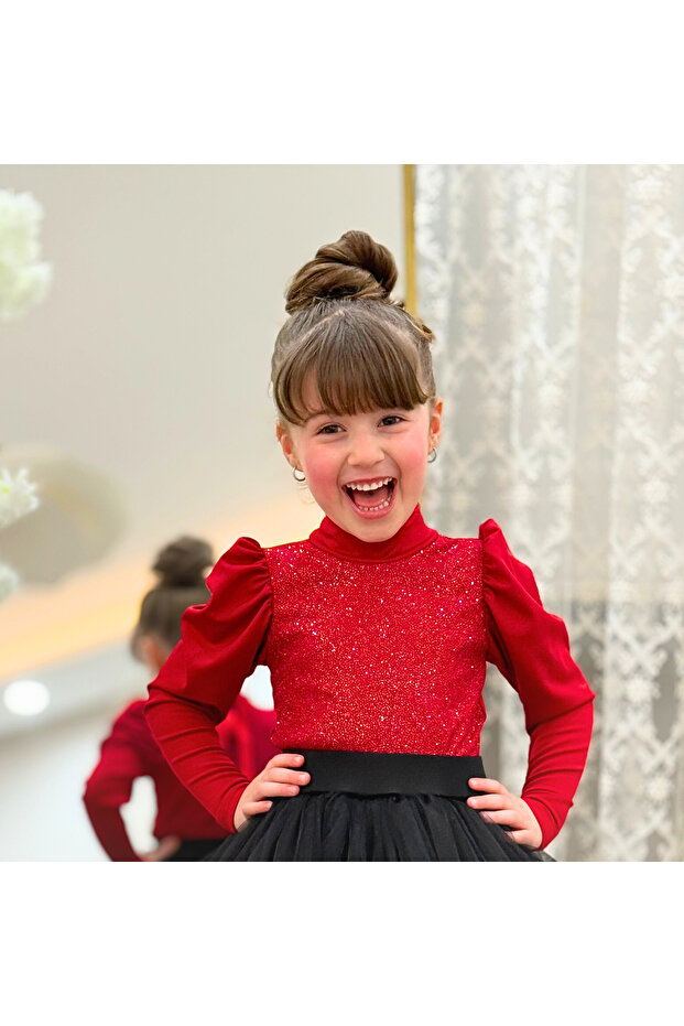 Girl's Red Glittery Long Watermelon Sleeve Blouse Badi