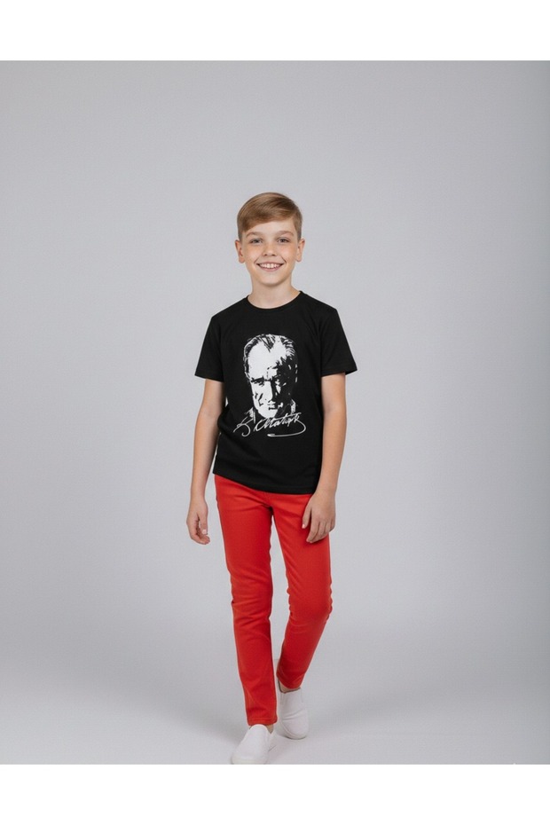 Boy's Ataturk Printed T-Shirt and Red Linen Trousers Set 23 April Outfit and Special Occasions