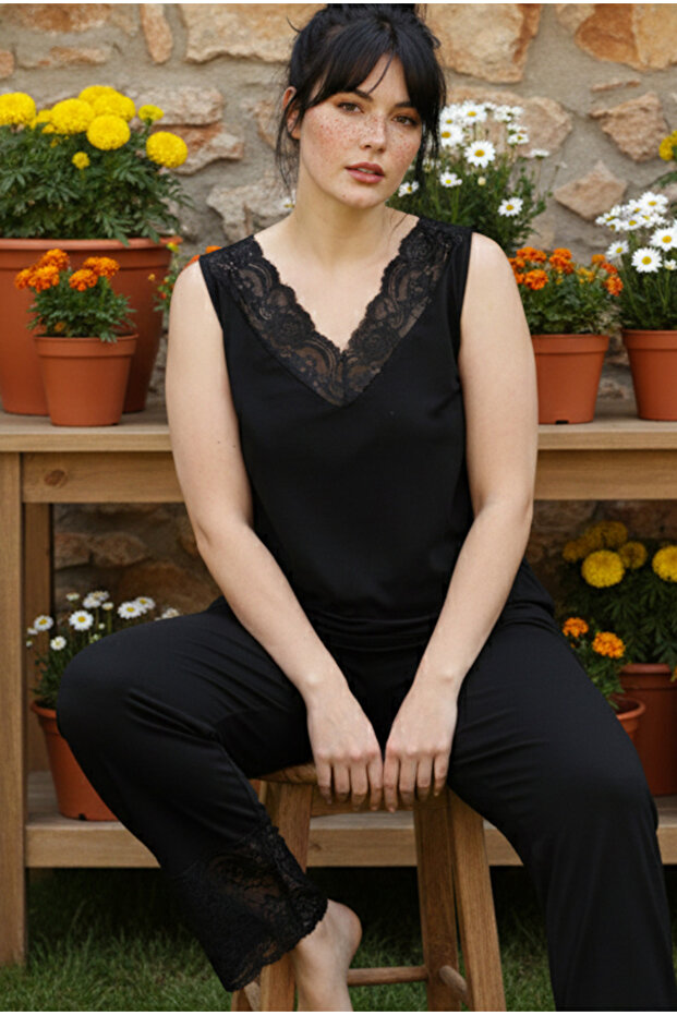 Black Lace Detailed Large Size Oversized Sleeveless Knitted Viscose Pajama Set26120901