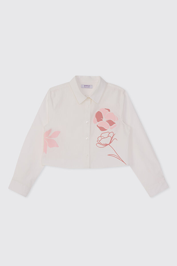 Girl's Print Detailed Ecru Shirt