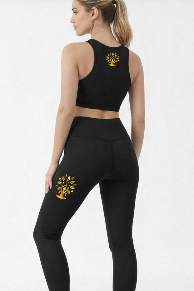 Black Women's Yoga Pilates Set with 100% Polyamide Fabric Gold Yogini Printed Sports Top and Leggings