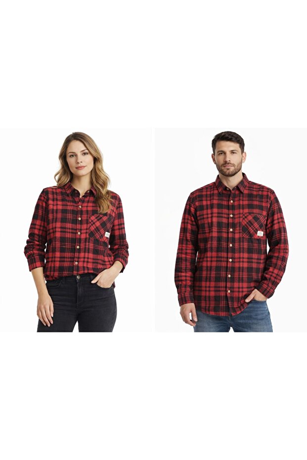 Single Pocket Unisex Slim Fit Red Black Striped Lumberjack Shirt for Sizes 38,40,42,44,46