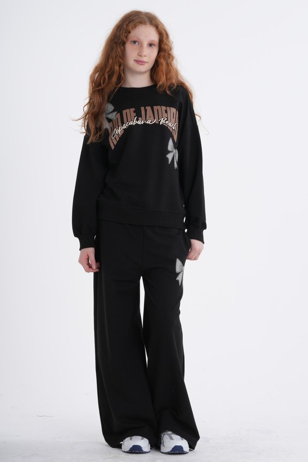 Girl's Black Lettering and Bow Print Detailed Tracksuit Set Printed Oversized Wide-Leg