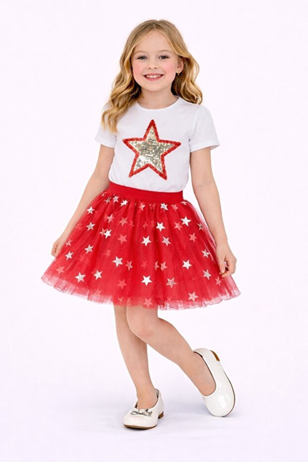April 23 October 29 Performance Outfit Girls' Sequin Starry Tutu Skirt Set - Red Noble 24