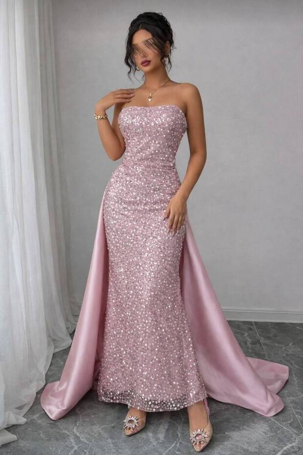 فستان سهرة وردي ترتر طويل