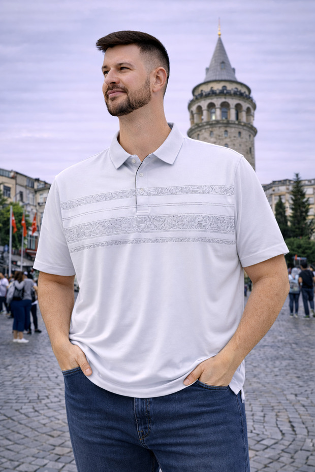 Men's Large Size Short Sleeve White Polo Printed T-Shirt