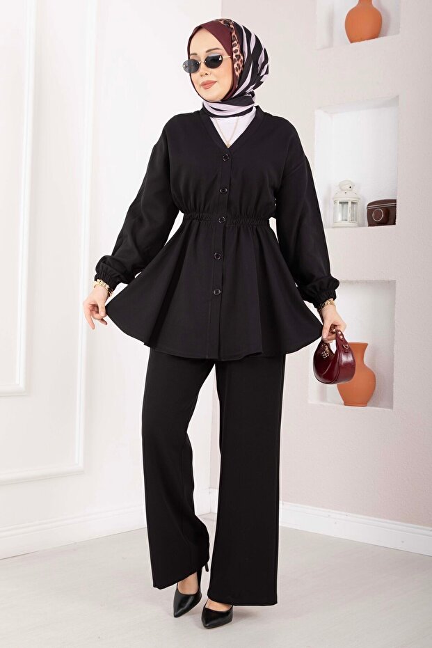 Silva Drawstring Waist Tunic Set Black
