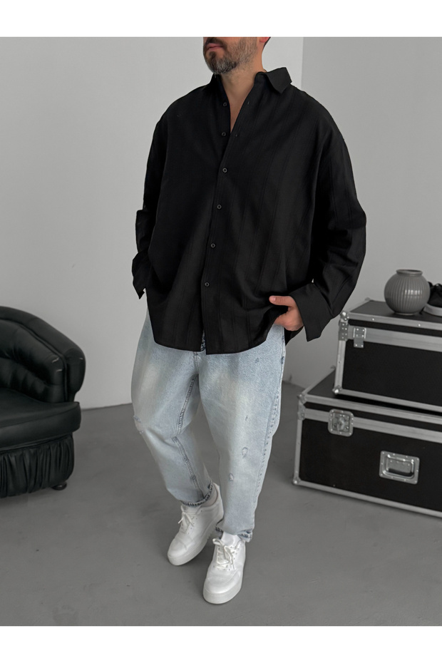 Siyah Örgü Çizgili Oversize Gömlek JJ-242 - 1