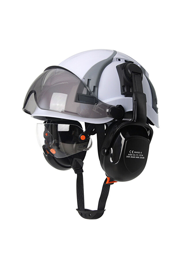 White Set A CE Safety Cap w/ Adjustable Vent Slot Visor Built In Goggles Earmuffs ABS Safety Helmet