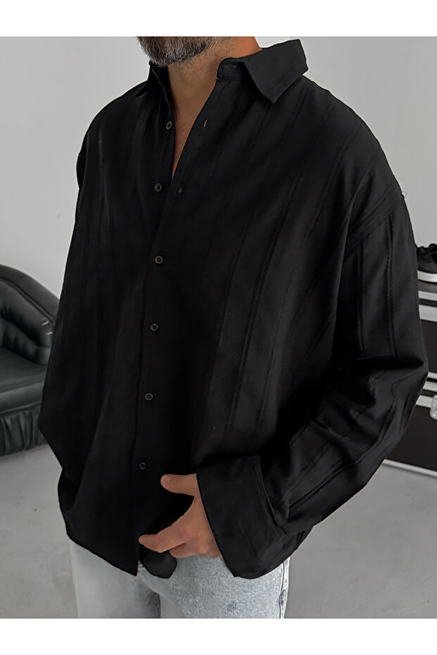 Siyah Örgü Çizgili Oversize Gömlek JJ-242 - 3