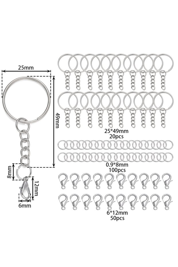 Rhodium color 170pcs/Set Keychain with Chain Lobster Clasp Jump Rings Connector Kit for DIY Jewelry