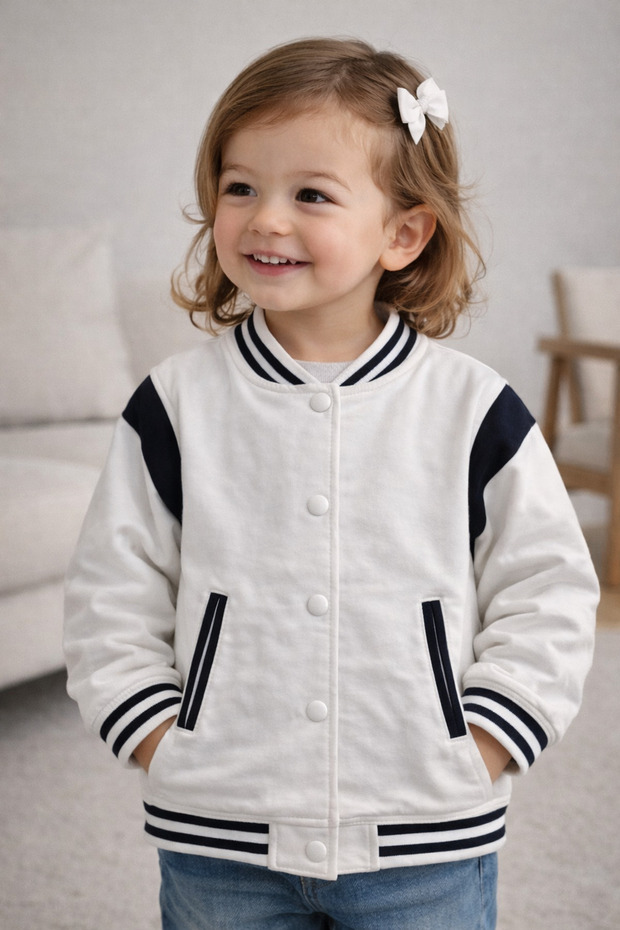 Çi̇koby 95% Cotton Unisex Children's Cardigan | Front Snap Fasteners, Knitwear Tape, Double Pockets, Seasonal White