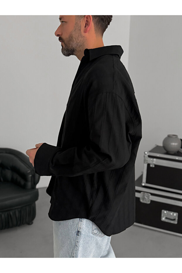 Siyah Örgü Çizgili Oversize Gömlek JJ-242 - 6