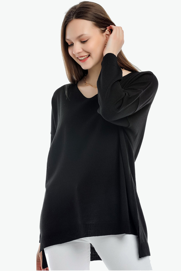 V-neck Long T Sleeve Back Long Front Short Slit Loose Cut Seasonal Basic Loose Knitwear Sweater