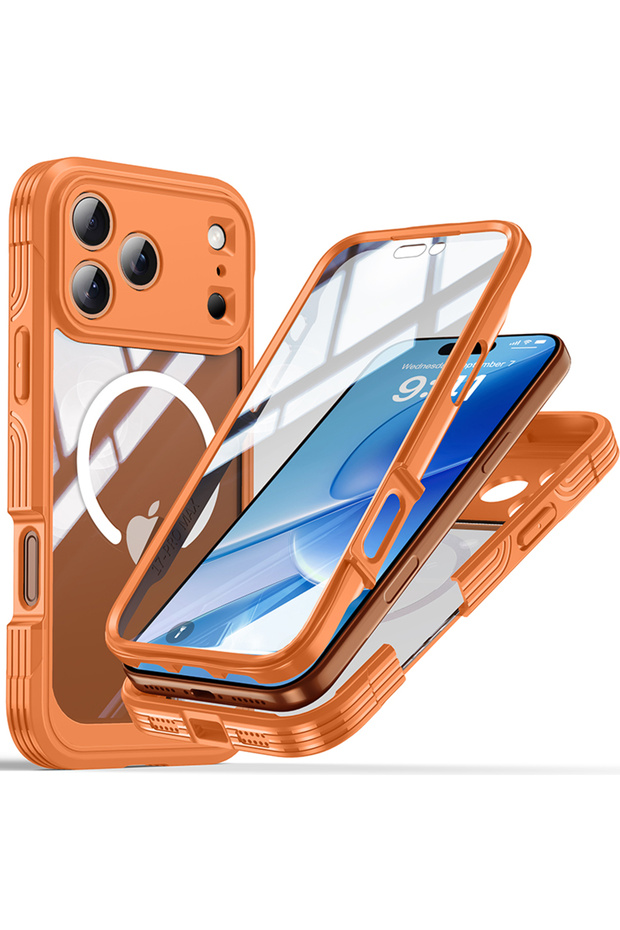 iPhone17 Pro Max Orange 360° Fully Protected Double-sided Transparent Magnetic Case For iPhone 17 Pr